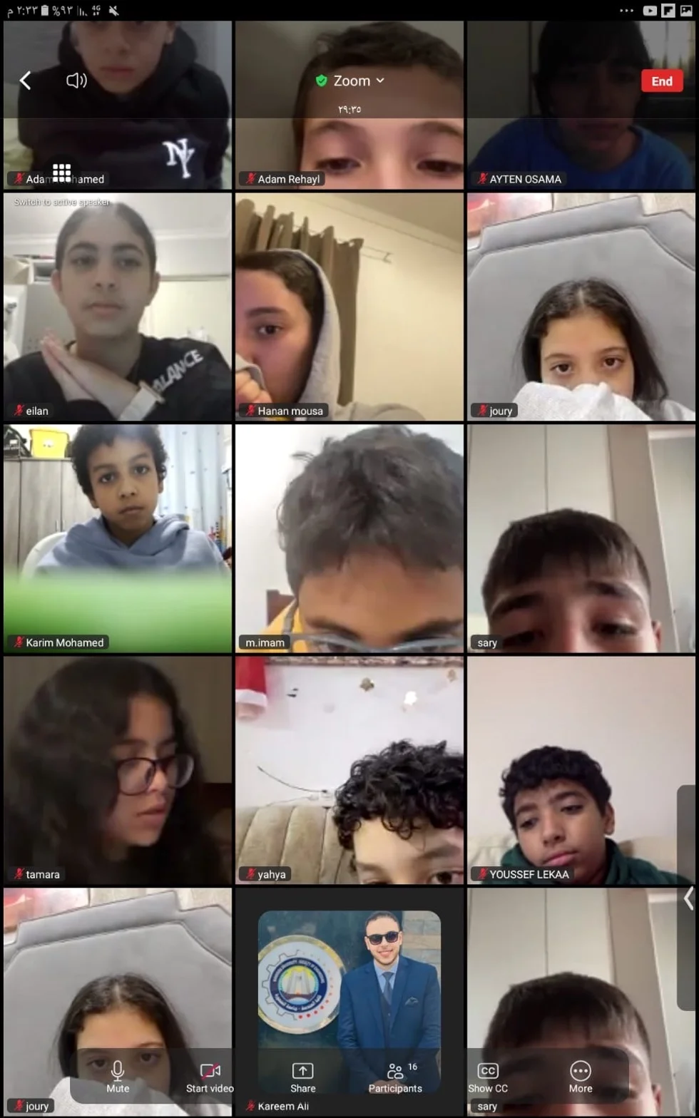 Students together in a live Almuhandis Math session, shown in a grid of video tiles.